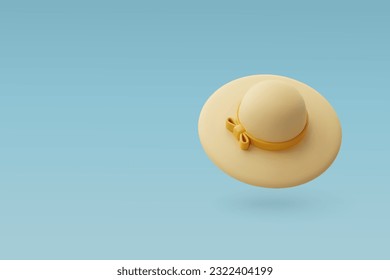 Sombrero de mujer beige vectorial 3d con cinta amarilla, vacaciones de vacaciones, concepto de tiempo para viajar. Vector Eps 10.