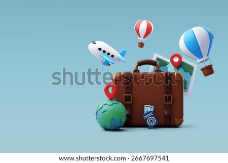 3d Vector Big Suitcase with Airplane, Balloon, Passport and tickets, Map pin, Travel the world, Time to travel concept. Eps 10 Vector.