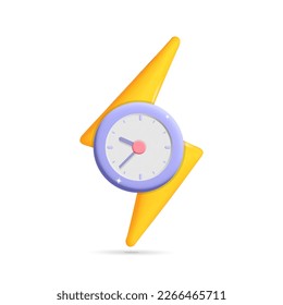 3d vector big yellow flash thunder symbol with time alarm clock design illustration. Time management, last call, time-keeping, business, work, time period concept symbol. 