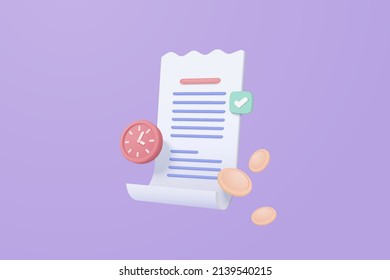 3D vector bill with clock alarm for payment transaction, check, money coin. 3d invoice bill on budget concept. budget 3d vector render paper receipt for shopping in store isolate purple background
