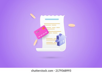 3D vector bill with home icon, credit card, and coins for the payment transaction. Business house financing invoice bill expenses. 3d vector illustration.