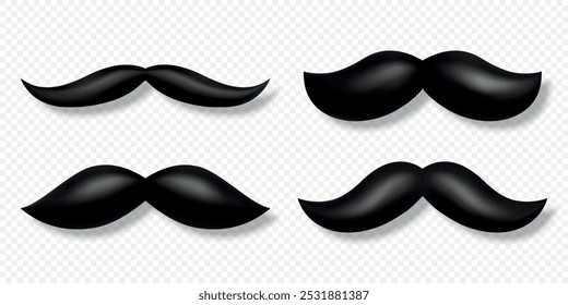 Conjunto de bigode preto vetor 3D. Mustaches Volumétricos Realistas, Isolados Modelos de design de bigode preto para logotipos, ícones, decorações, marcas