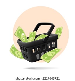 3d vector black shopping basket with bunch of green dollar money inside mockup design. Realistic plastic render store cart for online purchase, Black Friday sale, xmas, Christmas, cash back, add.