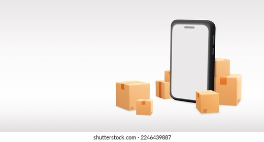 3d vector black smartphone with lots of paper cardboard parcel package boxes mockup banner. Cartoon render online shopping delivery service smartphone on website, mobile app design poster. 