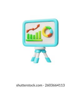 3D vector blue computer monitor with growth charts. Business data analysis. Financial report. Revenue, profit statistics. Cartoon style. Isolated background. Illustration.