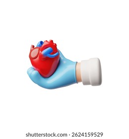 3D vector of blue gloved hand, holding human heart. Medicine, health, diagnostic, surgery, transplant. Clinic service, therapy. Cartoon style. Isolated background. Icon illustration. Rendering.