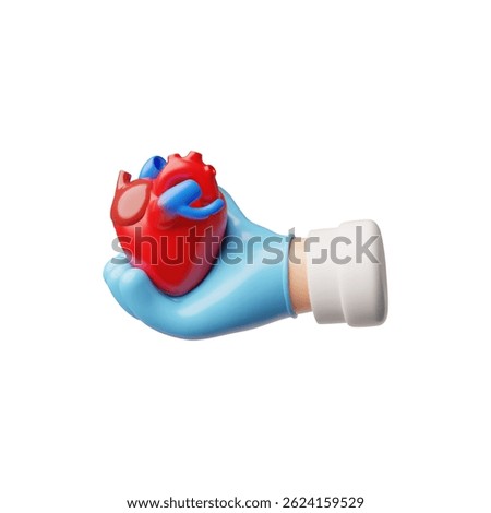 3D vector of blue gloved hand, holding human heart. Medicine, health, diagnostic, surgery, transplant. Clinic service, therapy. Cartoon style. Isolated background. Icon illustration. Rendering.