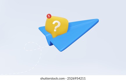 3D vector Blue paper airplane with reminder doubt question mark freedom target, creative vision solution leadership planning concept. innovation mail send message social media. 3d rendering element