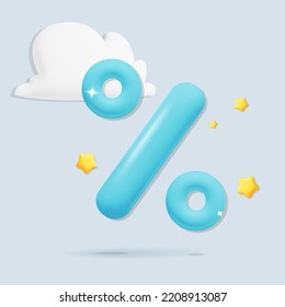 3d signo de porcentaje azul vectorial con estrellas amarillas e ilustración de diseño de nubes blancas.  Banner de promoción de descuento en venta aislado en fondo blanco. Tiendas en línea, marketing digital y medios sociales