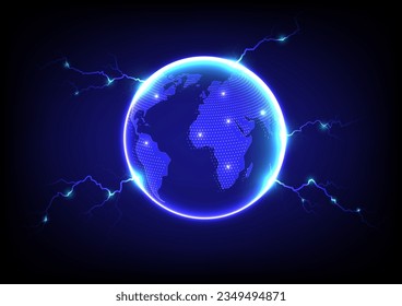 3d planeta azul vector planeta tierra globo con un brillante mapa mundial y una esfera circundante sobre fondo azul. Concepto de globalización de la tecnología de medios de red Internet