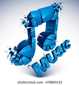 3d vector blue shattered musical notes with music word. Art melody transform symbol broken into pieces.