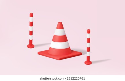 3D vetor bollard com tráfego vermelho símbolo de cone plástico advertência delineador de segurança em fundo rosa. construção conceito de prevenção de acidentes industriais. Desenhos animados mínimos. Vetor Eps 10. renderização 3d