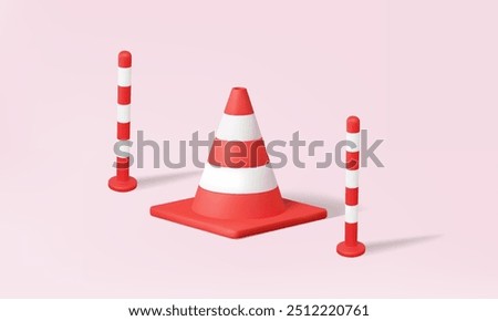 3D vector bollard with red traffic plastic cone sign symbol warning safety delineator on pink background. construction industrial accident prevention concept. Cartoon minimal. Eps 10 vector. 3d render