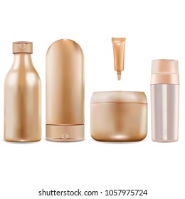3d vector bottles set  for shampoo, conditioner, base, cream jar. Realistic golden color illustration.