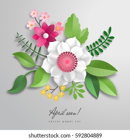 3d vector bouquet of paper flowers. Paper cut style. Inscription April soon