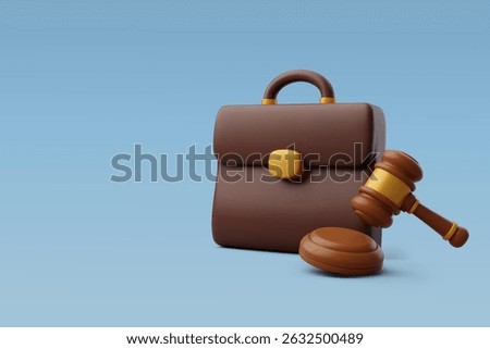 3d Vector Brown bag with wooden block and brown wooden gavel, Business Law concept. Eps 10 Vector.