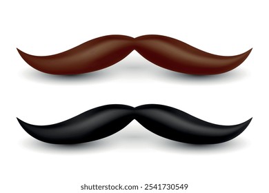 Conjunto de bigode preto e marrom vetorial 3D. Mustaches Volumétricos Realistas, Isolados Modelos de design de bigode preto para logotipos, ícones, decorações, marcas