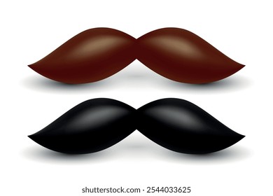 Conjunto de bigode preto e marrom vetorial 3D. Mustaches Volumétricos Realistas, Isolados Modelos de design de bigode preto para logotipos, ícones, decorações, marcas