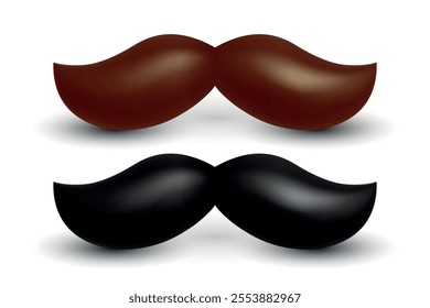 3D Vector Brown and Black Mustache Set. Realistic Volumetric Mustaches, Isolated. Black Mustache Design Templates for Logos, Icons, Decorations, Branding