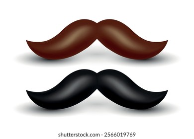 3D Vector Brown and Black Mustache Set. Realistic Volumetric Mustaches, Isolated. Black Mustache Design Templates for Logos, Icons, Decorations, Branding