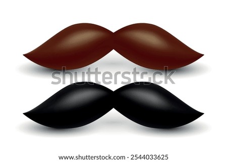 3D Vector Brown and Black Mustache Set. Realistic Volumetric Mustaches, Isolated. Black Mustache Design Templates for Logos, Icons, Decorations, Branding
