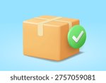 3d vector of brown cardboard parcel box with cross tape and green checkmark icon floating on blue background for delivery and shipping confirmation concept or ecommerce order success design element.