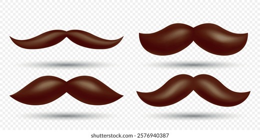 3D Vector Brown Mustache Set. Realistic Volumetric Mustaches, Isolated. Simple Vector Mustache Design Templates for Logos, Icons, Decorations, Branding