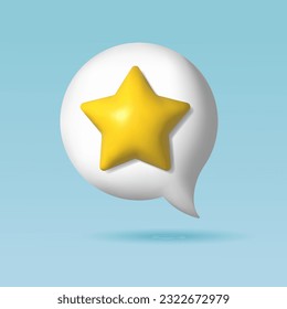 3D vector bubble chat, yellow quality rating star. 3D concept icon of excellent service evaluation. Quality review, buyer feedback. 3D concept vector illustration bubble with star.