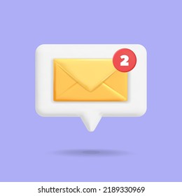 3d Vector Bubble Speech With Yellow Mail Envelope New Inbox Message Icon Design Illustration. New Unread Incoming Email Letter With Push Notification Symbol Concept. App, Web, Internet, Advertisement