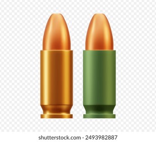 Viñeta de Vector 3D en estilo realista. Un cartucho para una pistola y una ametralladora en color dorado sobre un fondo transparente. Símbolo de autodefensa y peligro.