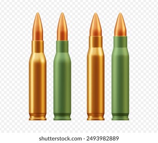 Viñeta de Vector 3D en estilo realista. Un cartucho para una pistola y una ametralladora en color dorado sobre un fondo transparente. Símbolo de autodefensa y peligro.