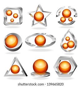 3d vector business abstract icons set. Chrome and orange.