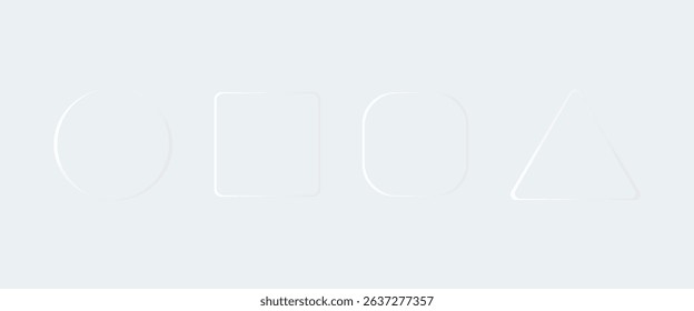 3D vector buttons neumorphic design. Geometric shapes: circle, square, rectangle white background with light shadows. Web elements geometry modern trend tree-dimensional design.
