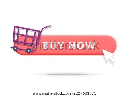 3d vector buy now red button with pointing and clicking computer mouse cursor arrow and store cart symbol design. Cartoon render online shopping web element isolated on white background.