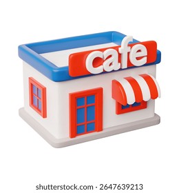 Vetor 3D de construção de cafés com fachada moderna, placa, toldo, em cores vermelhas e azuis, vista lateral. Imóveis, serviços comerciais, negócios. Ícone Isolado. Ilustração. Renderizar.