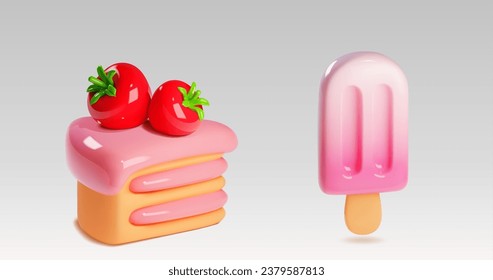 Icono de comida de 3 d pasteles vectoriales y helado de ilustración. Tentempiés dulces para la fiesta con fresa. Panadería de San Valentín regalo de fecha de aniversario con vidrios fundidos y decoración de frutos de bayas rojas