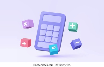 3D vector Calculator and basic mathematic learning education concept. on Pastel background. Operation symbols colorful math, plus, minus, multiplication, number divide. design illustration