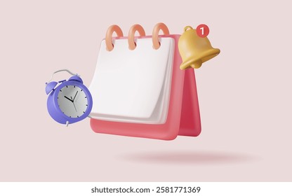 3d vector of Calendar icon with bell notification and alarm clock. Business planning, Appointment, Work planning, Meeting planner, Office deadline,  Agenda. Planning concept. illustration, Eps 10