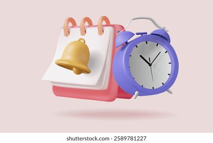 3d vector of Calendar icon with bell notification and alarm clock. Business planning, Appointment, Work planning, Meeting planner, Office deadline,  Agenda. Planning concept. illustration, Eps 10