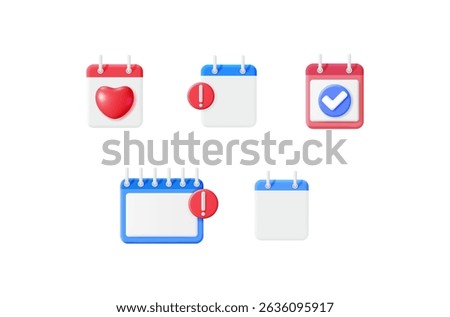 3d vector calendar icon set with check mark, heart, and exclamation notification for event and date schedule concept.