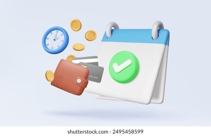 3D vector Calendar icon symbol with correct checkmark. Management debt cost day month year reminder clock time planner finanec investment business successfull. Eps 10 vector. 3d render. illustration