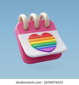 Calendário vetor 3d com coração arco-íris isolado, Orgulho LGBTQ, conceito do Dia do Orgulho. Vetor Eps 10.