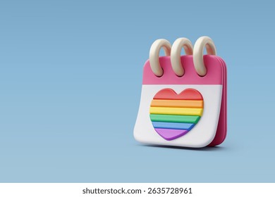 Calendario de Vector 3d con el corazón del arco iris aislado, orgullo LGBTQ, concepto del día del orgullo. Vector Eps 10.