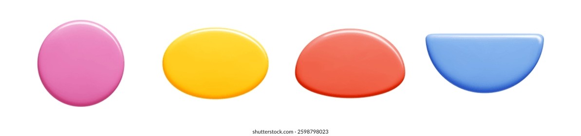 3d vector callout collection with glossy gradient surface. Colorful text banners in round, oval, curved shapes. Set of dimensional speech bubbles for social media communication design.