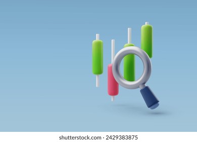 3d Vector Candle stick chart and magnifier search, Market trend analysis, Financial investment, Business and financial concept. Eps 10 Vector.