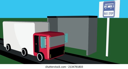 Vehículo vectorial 3D, naturaleza y parada.
El jardín verde y el cielo azul. 3.D transporte y trabajo en vehículos de carga. Parada de paredes grises.