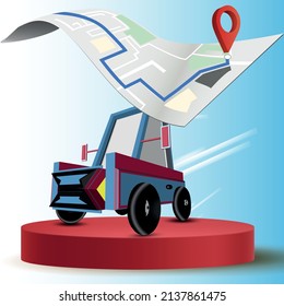 3D vector car on the platform. Banner work with navigation map concept. Banner work, poster work and illustration.