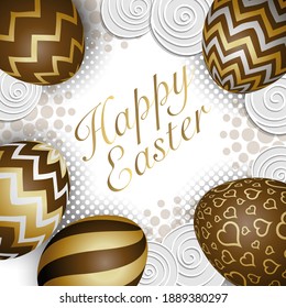 3D vector card of golden decorated chocolate Easter eggs on an abstract artistic background.