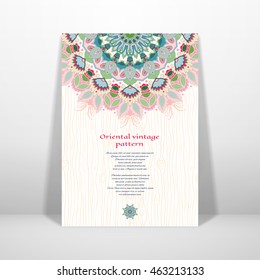 3D vector card with realistic shadow. Round oriental flower. Wooden hand drawing backdrop. Place for your text.