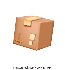 3D vector cardboard box icon, brown delivery package illustration, closed paper shipping container. Fragile cube cargo service sign design element isolated on white. 3D storage box with tape